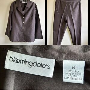 Bloomingdale's 100% Silk Button Down Blouse 14 Pants 12 SET Brown Textured EUC